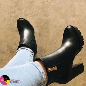 Black Side Zip Chunky Heel Moto Booties